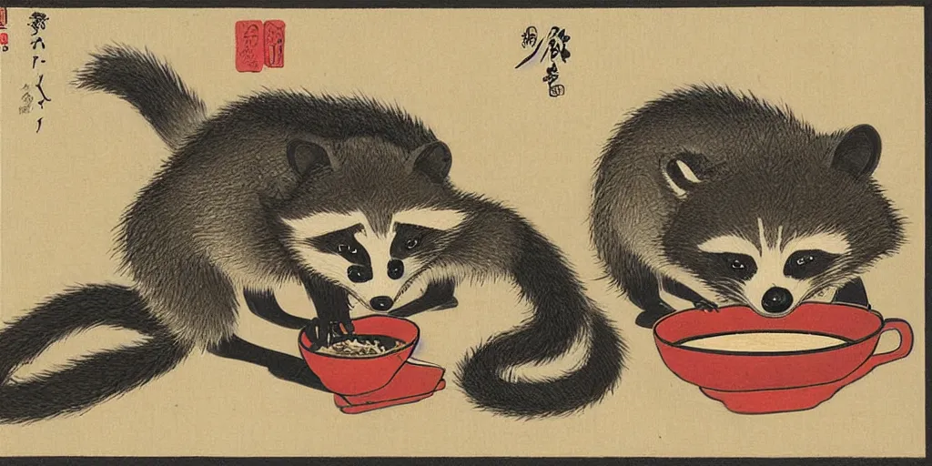 Image similar to little raccoon sitting by a cozy fireplace with a cup of tea. warm color temperature. ukiyo - e,