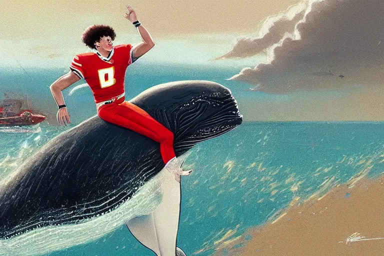 Image similar to a whale who loves patrick mahomes and the nfl by greg rutkowski, rossdraws, gil elvgren, enoch bolles, anime, very coherent