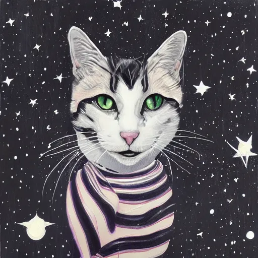 Prompt: a painting of a black and white cat in a cosmic scenic environment by sandra chevrier, hyperdetailed, beautiful, stars, planets, nebula, trending on artstation