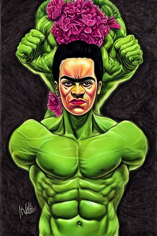 Prompt: ultra detailed incredible hulk portrait in the style of Frida Kahlo