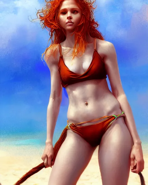 Prompt: day on the beach wearing a bikini, perfect face, ginger hair, abs, cinematic, stunning, cute, adorable, athletic, strong, agile, highly detailed, psychedelic, digital painting, artstation, smooth, hard focus, illustration, art by jessica rossier and and brian froud