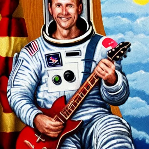 Image similar to astronaut chilling holding a beer with a guitar beside him. detailed photo.