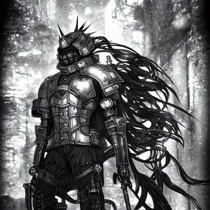 Image similar to a vertical portrait of a manga character in a scenic environment by nihei tsutomu, black and white, dreamy, steampunk armor, highly detailed, 3 d render, vray, octane