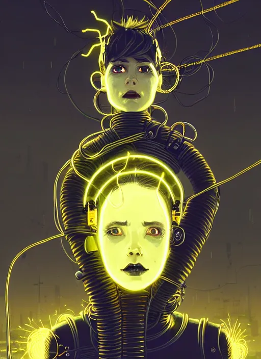 Image similar to highly detailed portrait of wasteland punk long curly bright yellow and white plasma electricity hair tribal lady, stray electric spark wiring by atey ghailan, james gilleard, by joe fenton, by greg rutkowski, by greg tocchini, by kaethe butcher, 4 k resolution, gradient yellow, black and white color scheme!!! ( ( lightning cloudy robotic dystopian city background ) )