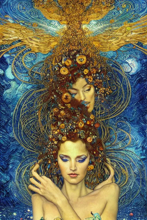 Prompt: Visions of Paradise by Karol Bak, Jean Deville, Gustav Klimt, and Vincent Van Gogh, visionary, otherworldly, fractal structures, ornate gilded medieval icon, third eye, spirals, heavenly spiraling clouds with godrays, airy colors, feathery wings