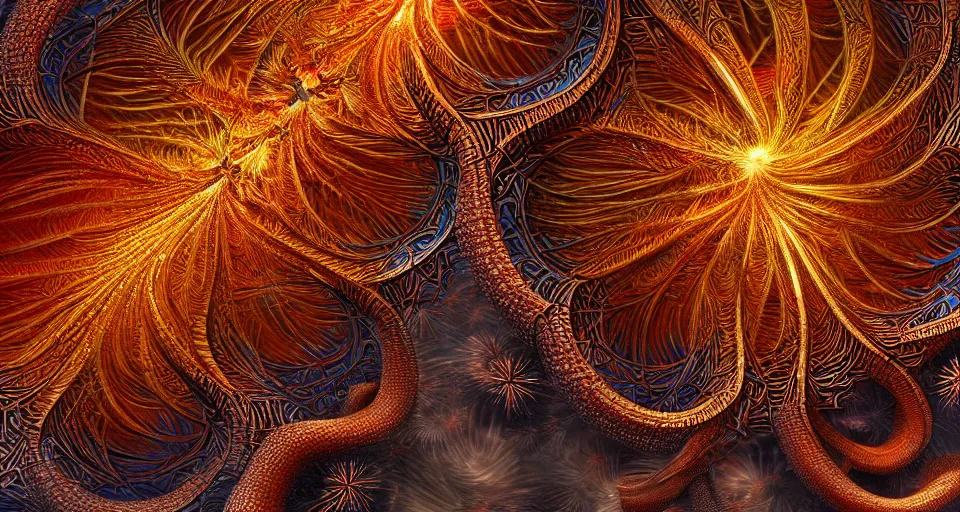 Image similar to Close up of intricate Vladimir Kush mandelbulb fractal, made of fireworks and octopus, ultra detailed, fractal art, cgsociety, artstation