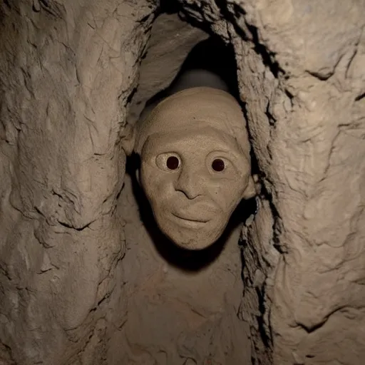 Prompt: found footage of a humanoid made of clay emerging from a wall inside of a cave made of clay, creepy, flash photography, unsettling, moist, low quality