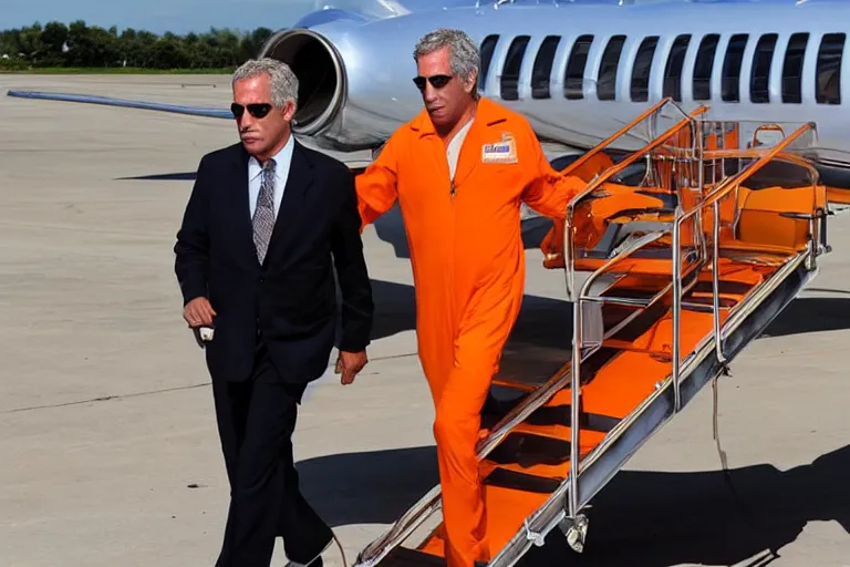 Image similar to jeffrey epstein in an orange jumpsuit, flying a private jet made of gold