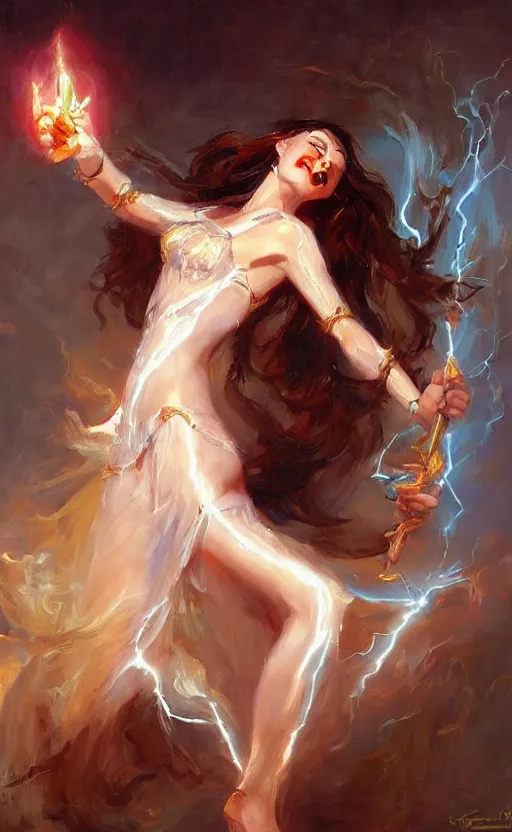 Prompt: Lightning goddessl. by Konstantin Razumov, horror scene, highly detailded