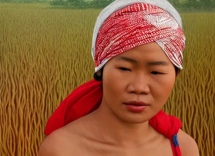 Image similar to realistic portrait photorealistic, background in the rice fields. indonesian woman in clothes made of rice straw, wearing a red and white bandana. fine art, trending on artstation, smooth draw, sharp focus, good lighting, no anomalies.