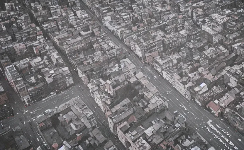 Image similar to 1990s aerial photograph historic footage of a sovietic streets with pedestrians, very large aerial view from a drone, aerial view Cinestill 800t 18mm, heavy grainy picture, very detailed, high quality, 4k panoramic, rain, mud, foggy