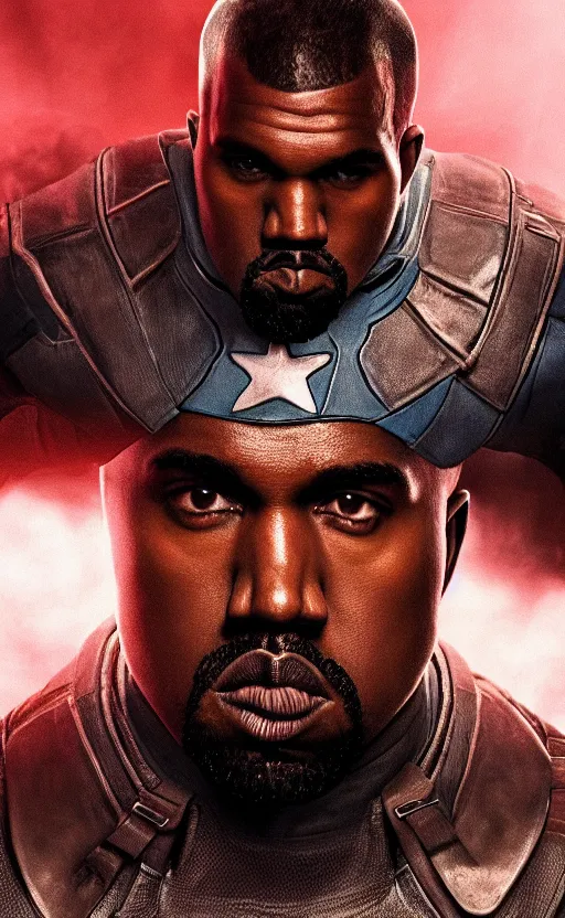 Image similar to Portrait of Kanye West as (((Captain America))) in Skyrim, splash art, movie still, cinematic lighting, dramatic, octane render, long lens, shallow depth of field, bokeh, anamorphic lens flare, 8k, hyper detailed, 35mm film grain