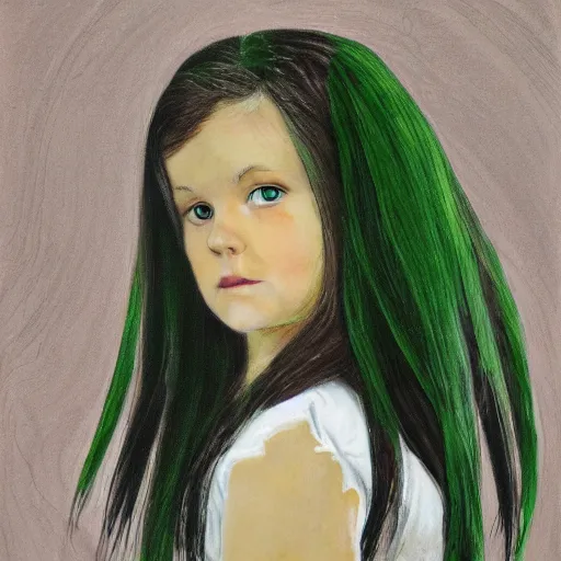 Image similar to portrait of missy, a young girl with long dark hair, green eyes and green hair