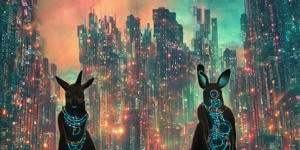Prompt: a kangaroo wearing a beaded necklace, cyberpunk settings, cityscape, style of artgerm, at night