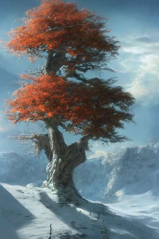 Prompt: tree, spring, summer, autumn, winter, snow, volymetric light, highly detailed matte painting, noriyoshi ohrai, charlie bowater, mark brooks