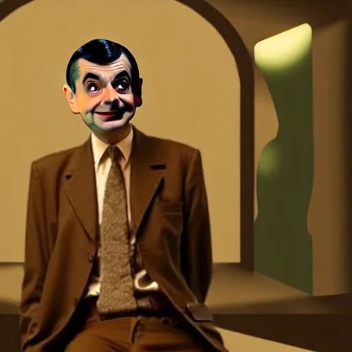 Image similar to mr. bean as a male pinup. movie still. cinematic lighting.