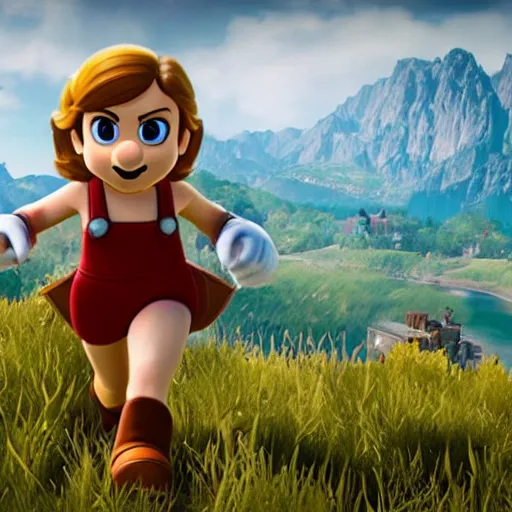 Image similar to emma watson as super mario super mario in the witcher 3, movie still, cinematic lighting, dramatic, octane render, long lens, shallow depth of field, bokeh, anamorphic lens flare, 8 k, hyper detailed, 3 5 mm film grain