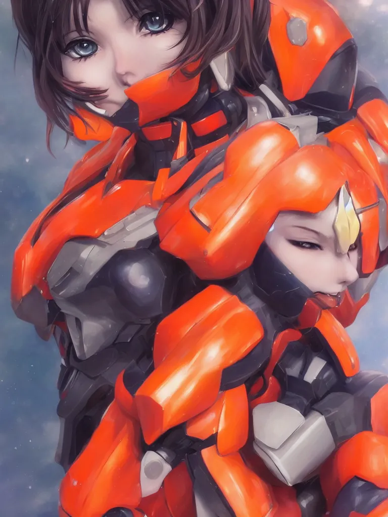 Prompt: A realistic anime portrait of a woman in a Gundam suit with glowing orange, digital painting, by Stanley Artgerm Lau, Sakimichan, WLOP and Rossdraws, digtial painting, trending on ArtStation, SFW version