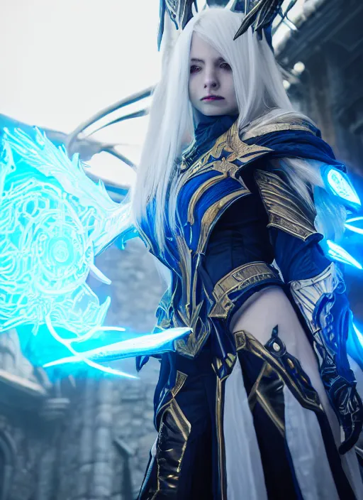 Image similar to photo of a sorceress near mage tower, warframe armor!!, fantasy, white hair, blue decorations, professionally color graded, interesting angle, sharp focus, 8 k high definition, insanely detailed, intricate, intelligent, art by akihiko yoshida and shirotaka