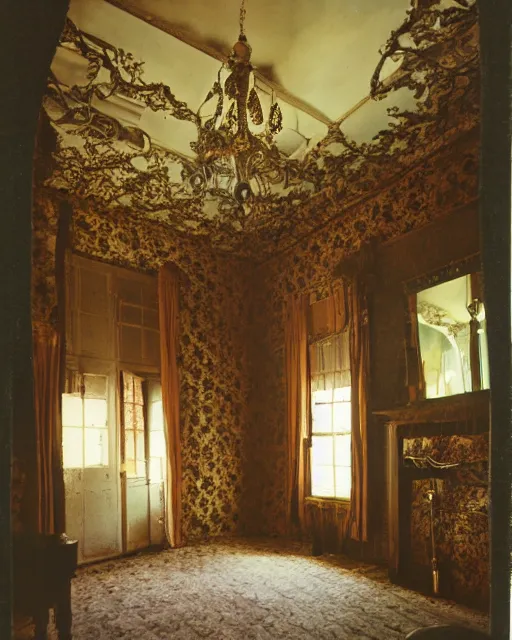 Prompt: the interior of an old house in devonshire that is probably haunted, delicate embellishments, painterly, offset printing technique, photographed on kodachrome by brom, robert henri, walter popp