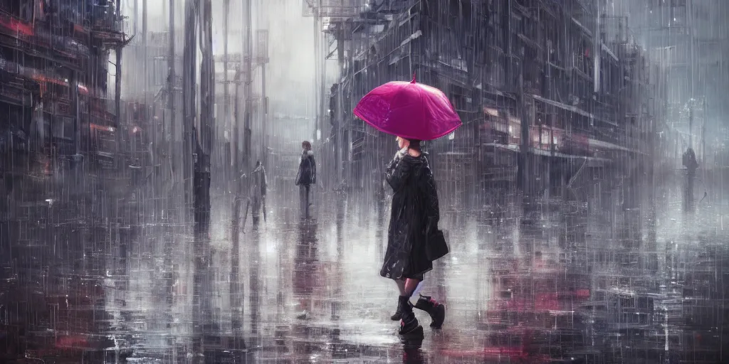 Prompt: a girl wearing a raincoat in a grim industrial cityscape looking into a puddle reflecting a vibrant fantasy forest landscape, artwork by Artgerm, trending on artstation, award winning