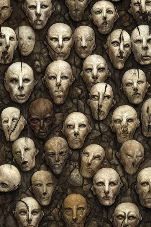 Image similar to a stone wall filled with funeral masks in the style of wayne barlowe, gustav moreau, goward, bussiere, roberto ferri, santiago caruso, luis ricardo falero, austin osman spare