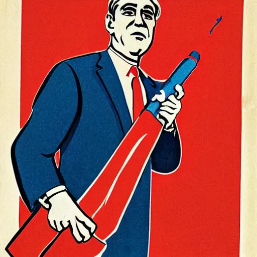 Image similar to soviet propaganda of robert mueller holding a hammer and sickle in realistic collective farm