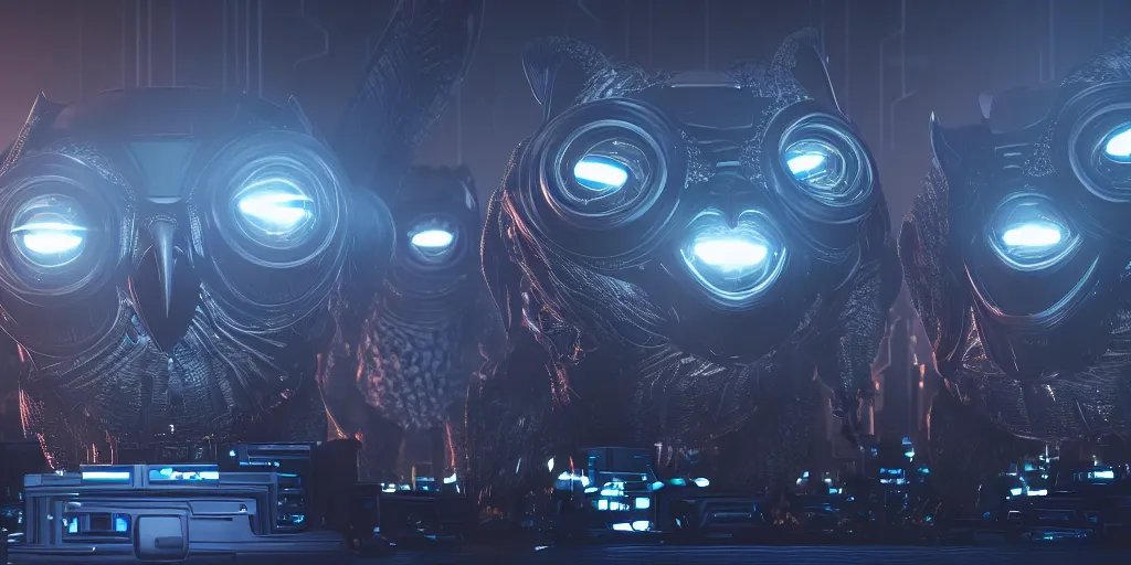 Prompt: an giant evil, malevolent, cyborg owls looking at a computer, surrounded by computer screens. this 4 k hd image is trending on artstation, featured on behance, well - rendered, extra crisp, features intricate detail and the style of unreal engine. volumetric lighting octane render