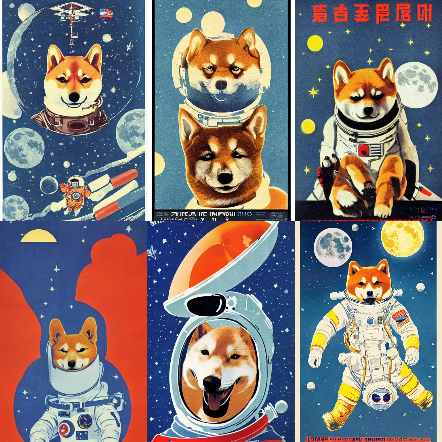 Image similar to Shiba Inu cosmonaut portrait, moon mission, 60s poster, 1968 Soviet