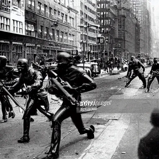 Image similar to old black and white photo, 1 9 1 3, depicting terminators rampaging through the bustling streets of new york city, historical record