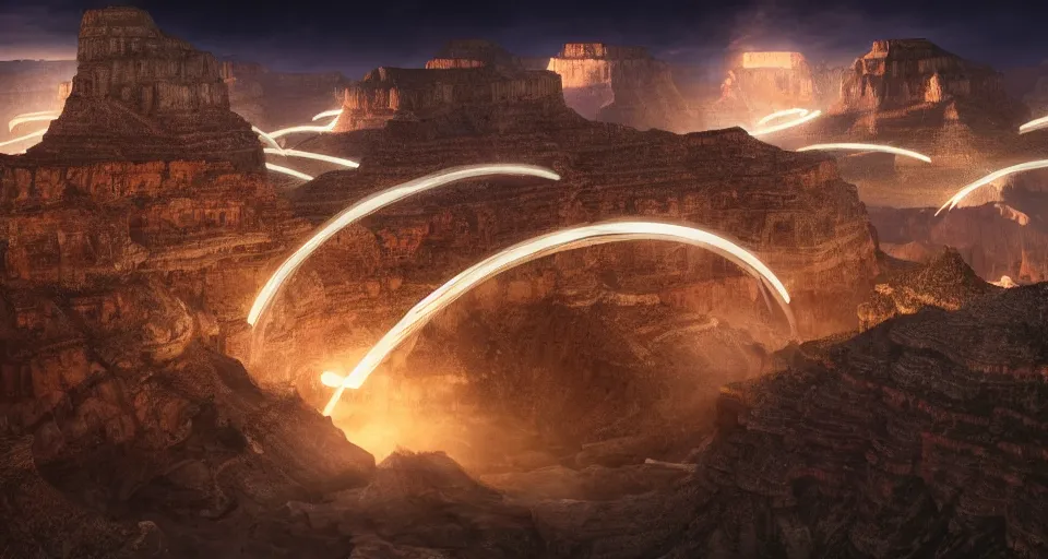 Image similar to night, a lot of people and a spiral - shaped white luminous attractor is floating in grand canyon, concept art, art for the game, professional lighting, art