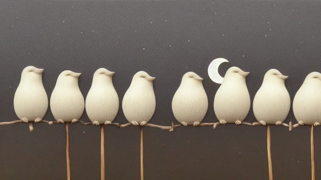 Prompt: a row of fat bearded reedlings, midnight, moonlight, full moon, highly detailed, intricate, hyper realistic, movie frame