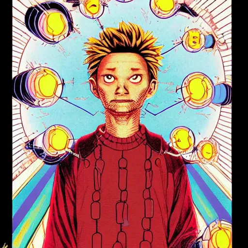 Prompt: a powerful psychic guy emitting psychic powers, by hikari shimoda, by jamie hewlett, by moebius,