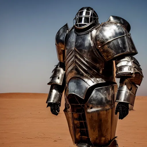 Image similar to photograph of a man in a very oversized mech armor that is 3 0 feet tall and 1 0 feet wide. his head is very small sticking out of the armor. desert setting. high detail.
