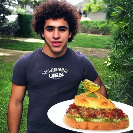 Image similar to curly haired mixed Hispanic 20 year old with a huge underbite looks in awe at a gigantic feast in front of him