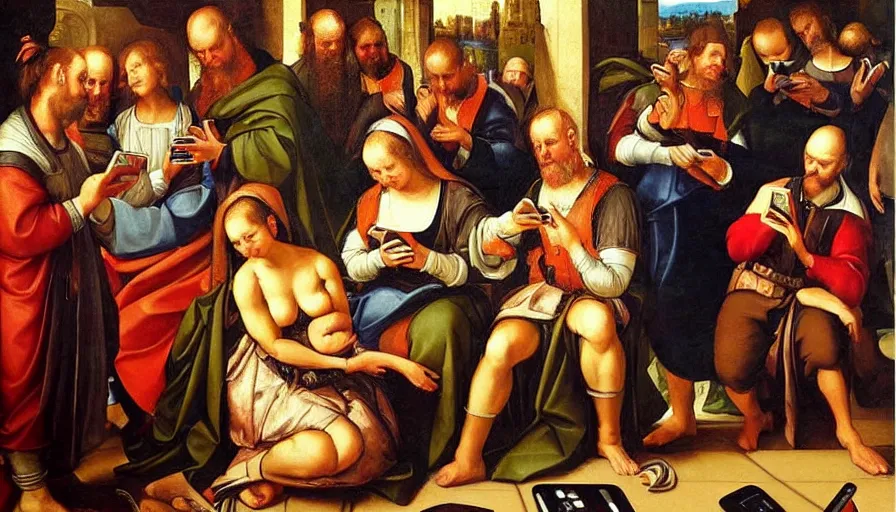 Prompt: people using smartphones!!, renaissance painting, oil painting, hyperdetailed