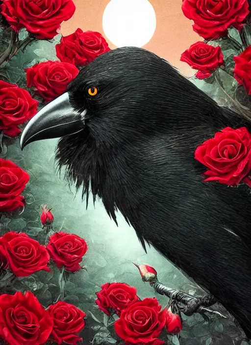 Image similar to portrait, A crow with red eyes in front of the full big moon, book cover, red roses, red white black colors, establishing shot, extremly high detail, foto realistic, cinematic lighting, pen and ink, intricate line drawings, by Yoshitaka Amano, Ruan Jia, Kentaro Miura, Artgerm, post processed, concept art, artstation, matte painting, style by eddie mendoza, raphael lacoste, alex ross