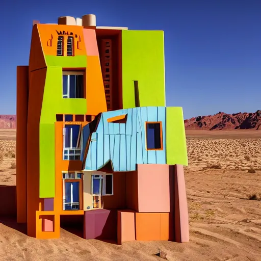 Image similar to big scale baby toy hotel in the dessert, cubism