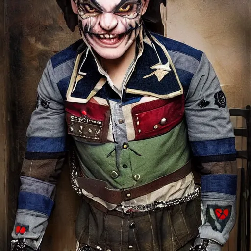 Image similar to a middle aged half - orc with thin fangs and blue grey intelligent eyes, a bemused smile. he wears a patchwork military uniform jacket with cut sleeves and many charms and baubles worked into the fabric, with an upturned collar. he has sleeve tattoos. 1 9 th century style