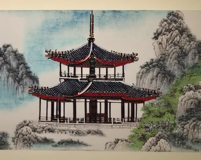 Prompt: twin buddhist pagodas in landscape, traditional chinese watercolor,