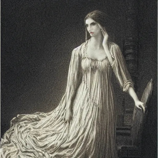 Image similar to Woman in a victorian dress, dramatic light, high contrast, illustration by Paul Gustave Doré