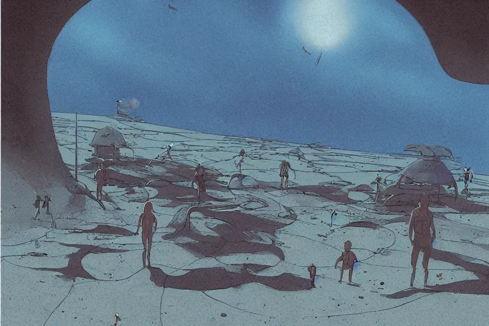 Prompt: sci-fi fi scene of a seashell where the deserted kids live, in the style of john harris and roger deakins by moebius