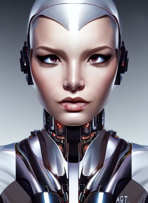 Image similar to portrait of a cyborg woman by Artgerm, (((((face turns left))))) (((((((face turns right))))))), eyes closed , biomechanical, hyper detailled, trending on artstation