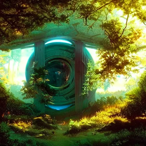 Prompt: floating derelict portal in a middle of a futuristic forest, world seen only through a portal, daylight, cinematic lighting, blue sky, syd mead, john harris