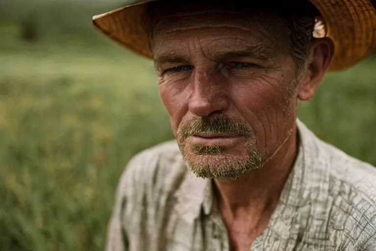 Prompt: a cinematic headshot portrait of a farmer, stood outside a wooden cabin, movie still, shallow depth of field, ultra realistic, dramatic lighting, by annie leibovitz