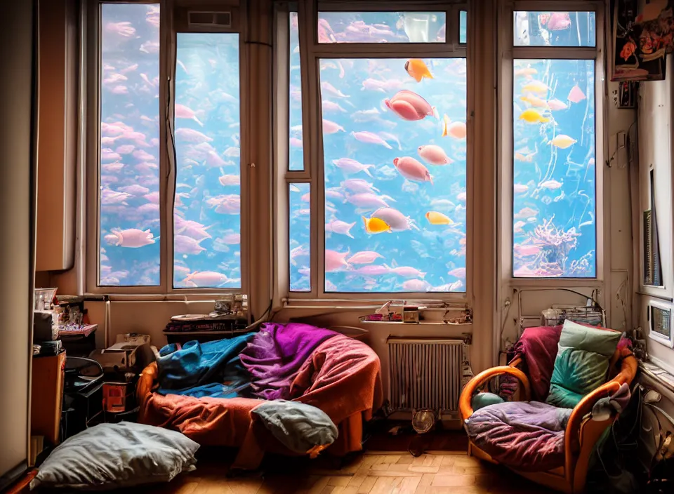 Image similar to telephoto 7 0 mm f / 2. 8 iso 2 0 0 photograph depicting the feeling of chrysalism in a cosy cluttered french sci - fi ( art nouveau ) cyberpunk apartment in a pastel dreamstate art cinema style. ( aquarium, computer screens, window ( city ), fish tank, lamp ( ( ( armchair ) ) ) ), ambient light.