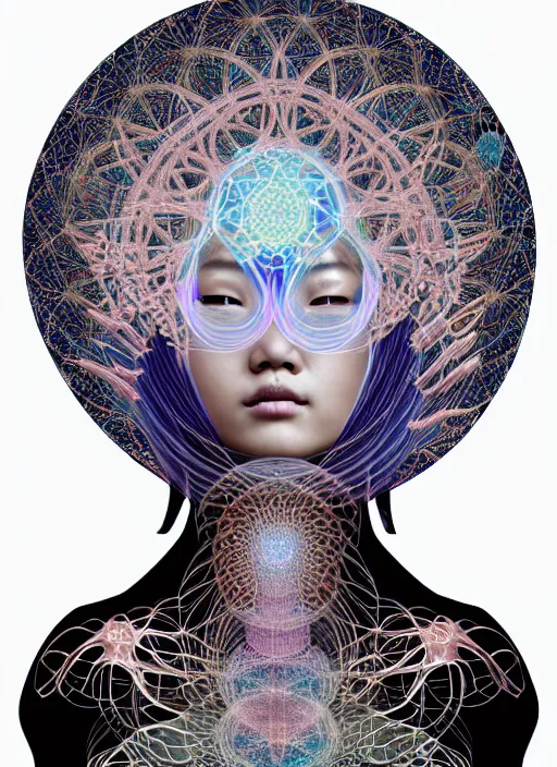 Image similar to ridiculously beautiful young asian woman tripping, caduceus fractals radiating from head with sacred geometry, cosmic, natural, awakening, symmetrical, in the style of ernst haeckel, effervescent, warm, photo realistic, epic and cinematic