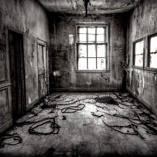 Image similar to haunted asylum with blood on the walls and chains hanging from the ceiling with a broken light bulb, right side of the wall is a broken window with light emitting through, realistic, hdr, clear image, hdd, dynamic lighting, rtx on,