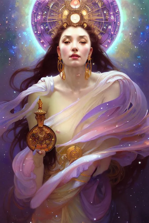 Prompt: Full view realistic ethereal stunning Celestial Goddess of cosmic nebula in a beautiful dress, 4k digital painting masterpiece by Mandy Jurgens and Ruan Jia, ornate Iconography background in the style of Alphonse Mucha, tarot card, amazing, magnificent, mystical, Hyperdetailed, award winning art, Ross Tran, wlop, Artgerm, Craig Mullins, detailed and realistic, soft lighting, intricate details, realistic, full view, Artstation, CGsociety