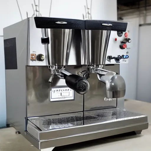 Image similar to an industrial coffee machine with metal plates and pipes